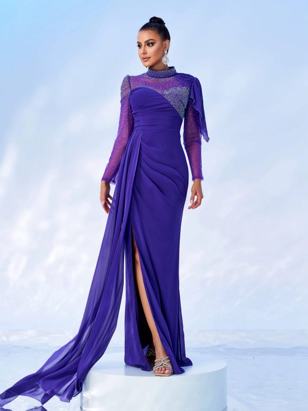 Elegant High Neck Draped Split Birthday Party Maxi Dress - Image 2