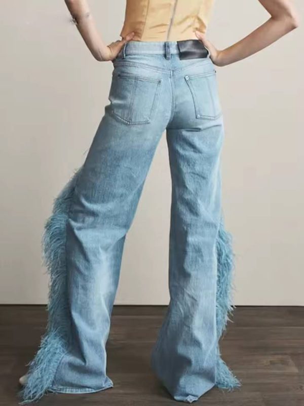 Elegant High Waist Patchwork Button Spliced Feather Wide Leg Jeans - Image 2