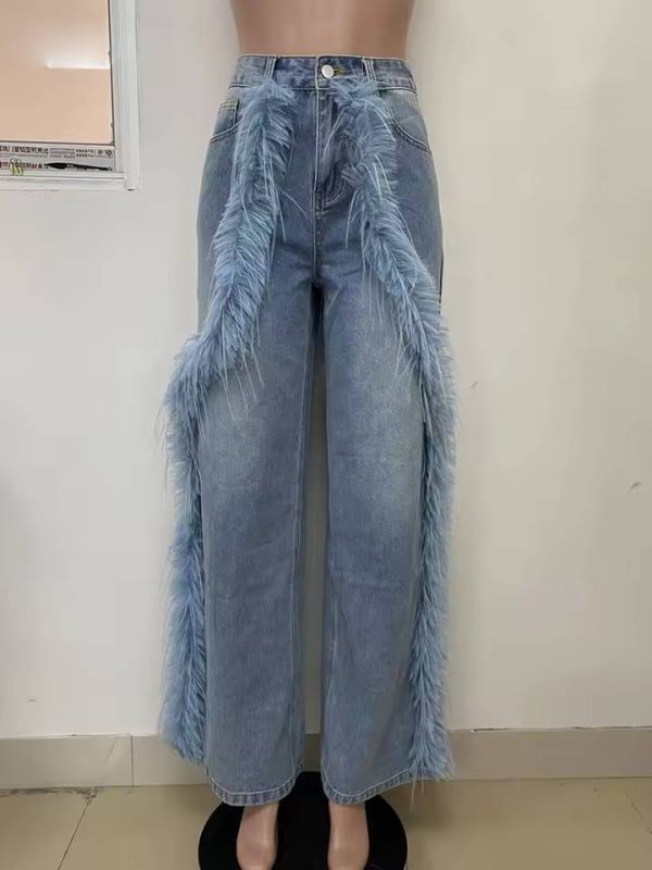 Elegant High Waist Patchwork Button Spliced Feather Wide Leg Jeans - Image 3