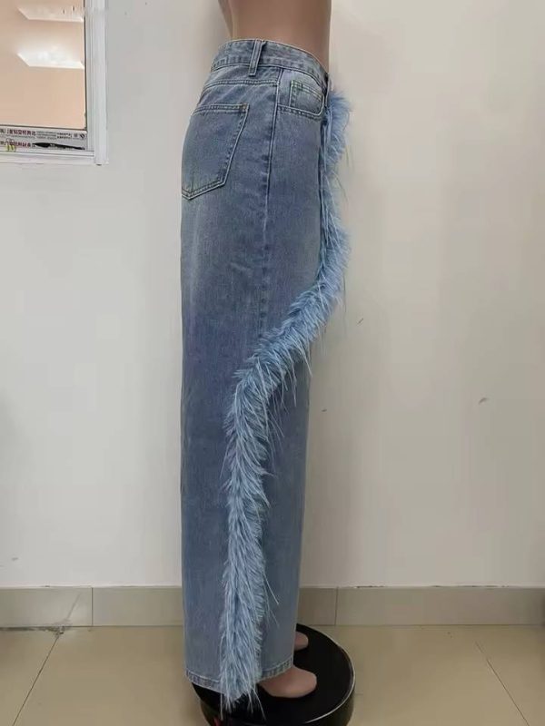 Elegant High Waist Patchwork Button Spliced Feather Wide Leg Jeans - Image 4