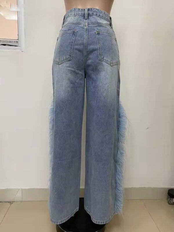 Elegant High Waist Patchwork Button Spliced Feather Wide Leg Jeans - Image 5