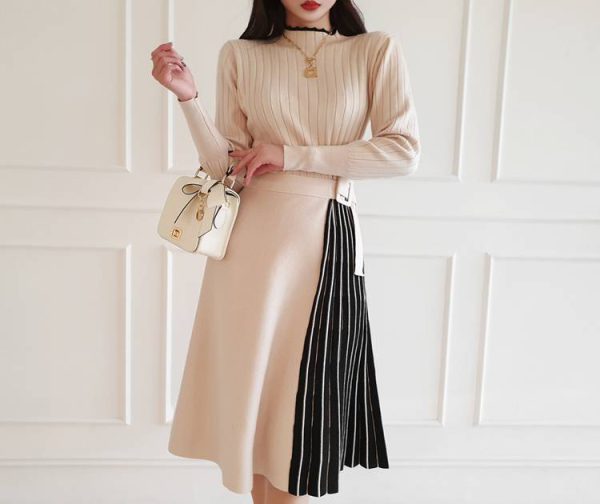 Elegant Lace-Up Waist Mid-Length Knitted large Skirt Sweater Dress - Image 9