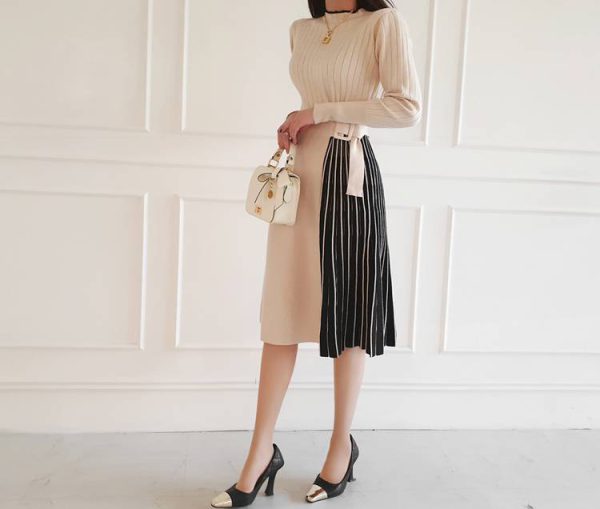 Elegant Lace-Up Waist Mid-Length Knitted large Skirt Sweater Dress - Image 10