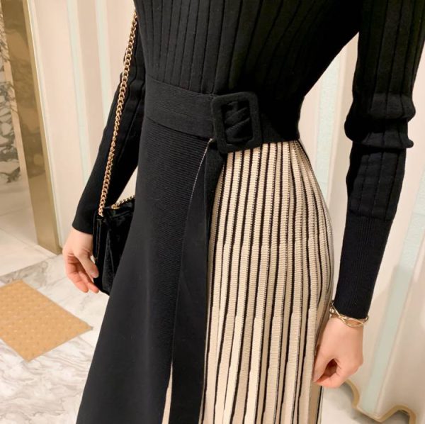 Elegant Lace-Up Waist Mid-Length Knitted large Skirt Sweater Dress - Image 5