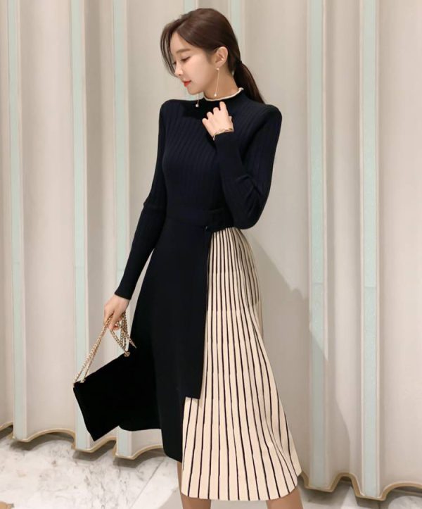 Elegant Lace-Up Waist Mid-Length Knitted large Skirt Sweater Dress - Image 4