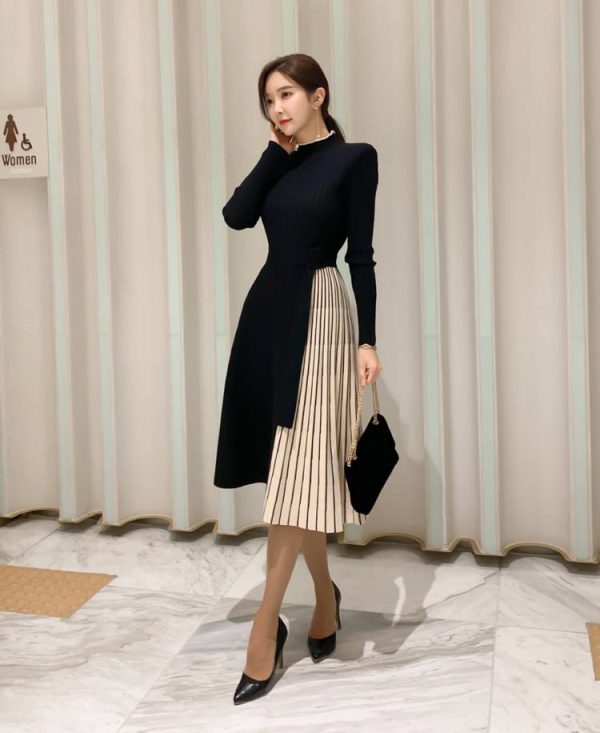 Elegant Lace-Up Waist Mid-Length Knitted large Skirt Sweater Dress