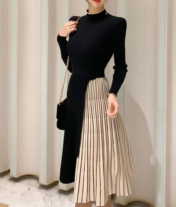 Elegant Lace-Up Waist Mid-Length Knitted large Skirt Sweater Dress - Image 6