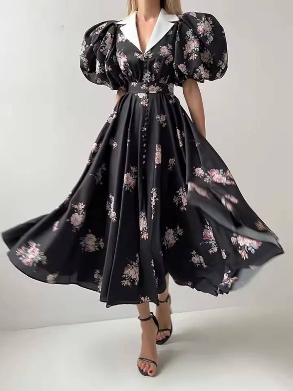 Elegant Lapel Single Breasted Lace-Up Pleated Printed Midi Dress - Image 2