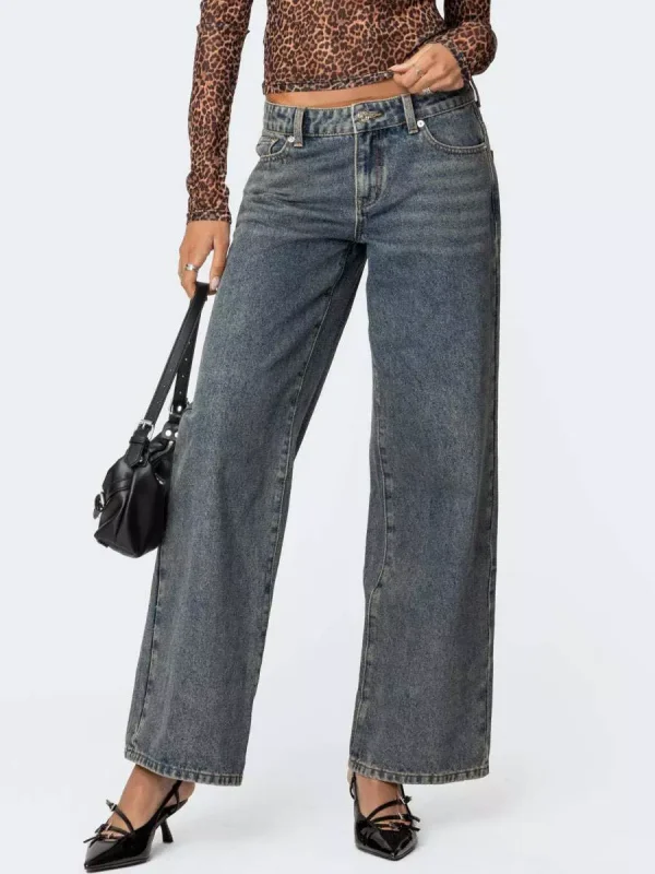 Elegant Leopard Heart Baggy Jeans Low-Rise Wide Leg Denim Pants - Image 4