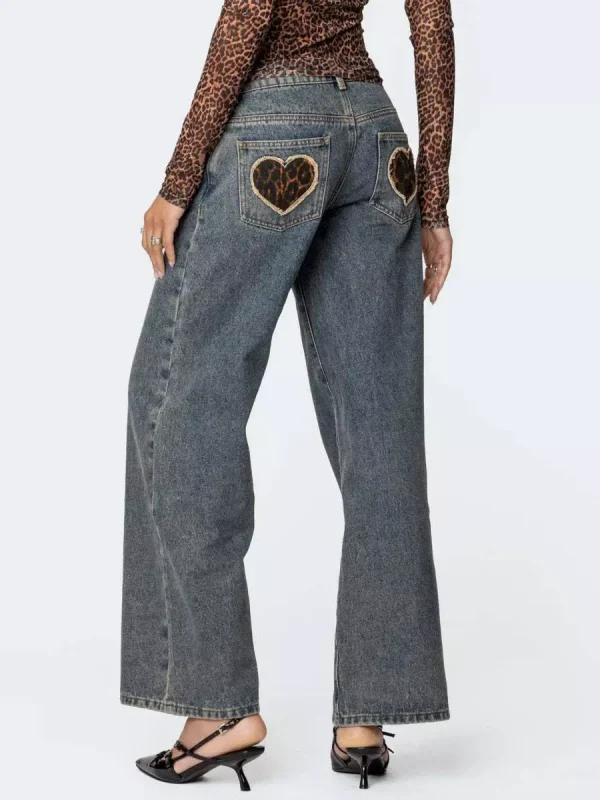 Elegant Leopard Heart Baggy Jeans Low-Rise Wide Leg Denim Pants - Image 7