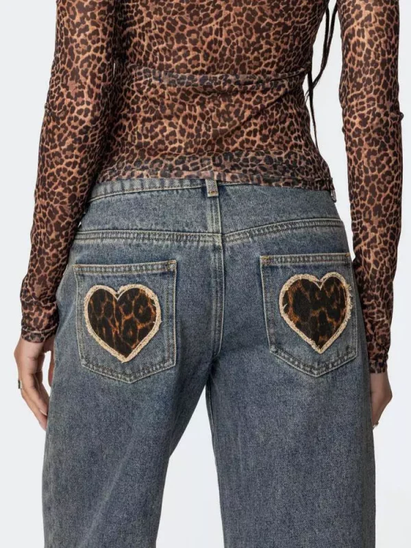 Elegant Leopard Heart Baggy Jeans Low-Rise Wide Leg Denim Pants - Image 6