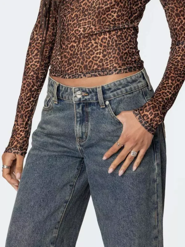 Elegant Leopard Heart Baggy Jeans Low-Rise Wide Leg Denim Pants - Image 5