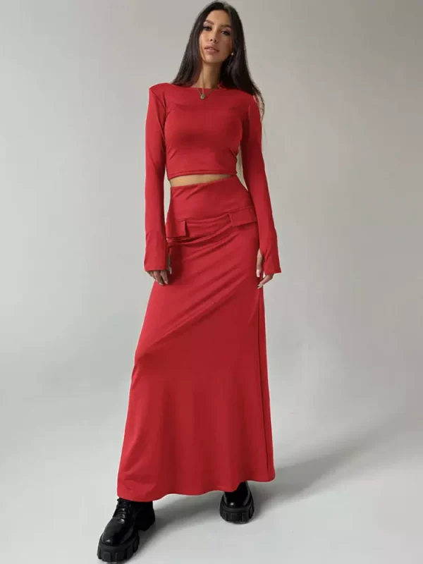 Elegant Long Skirt  Long Sleeve Street Wear Crop Top Two Piece Set