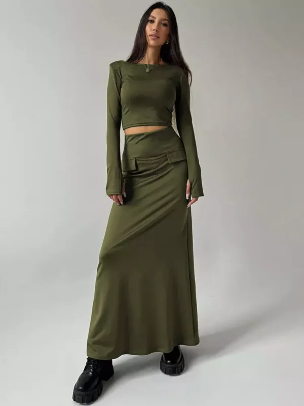 Elegant Long Skirt  Long Sleeve Street Wear Crop Top Two Piece Set - Image 3