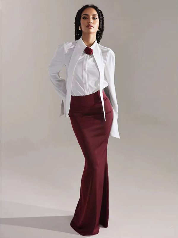 Elegant Long Sleeve Shirt With High Waist Maxi Skirt Two Pieces Set