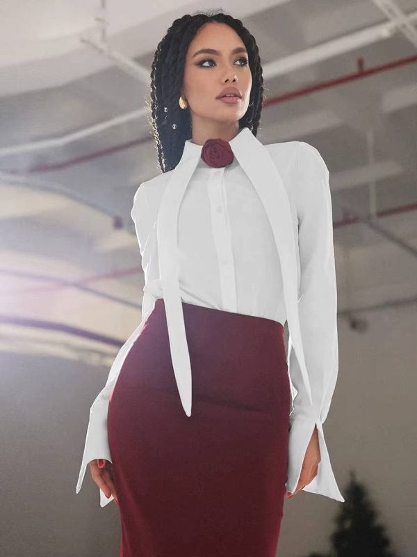 Elegant Long Sleeve Shirt With High Waist Maxi Skirt Two Pieces Set - Image 2