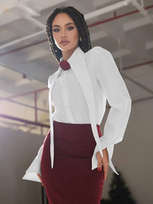 Elegant Long Sleeve Shirt With High Waist Maxi Skirt Two Pieces Set - Image 3