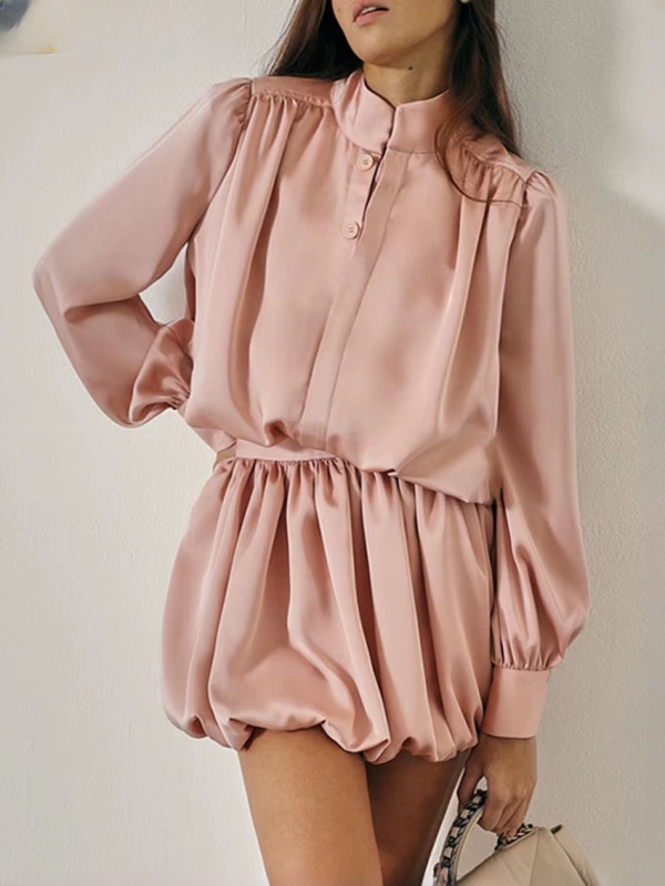 Elegant Long Sleeve Shirt With High Waist Pleated Mini Skirt Two Pieces Set - Image 3