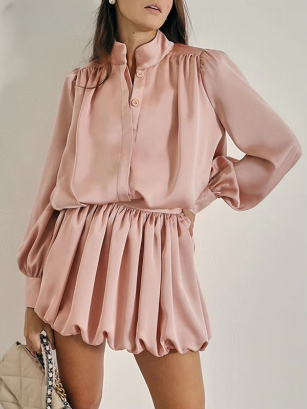 Elegant Long Sleeve Shirt With High Waist Pleated Mini Skirt Two Pieces Set - Image 2