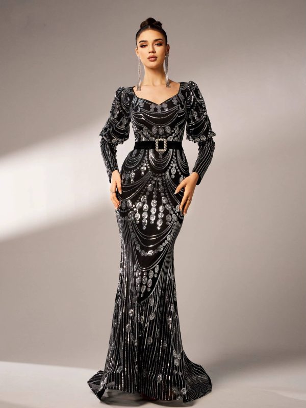 Elegant Long Sleeved Sequin Mermaid Birthday Party Maxi Dress - Image 2