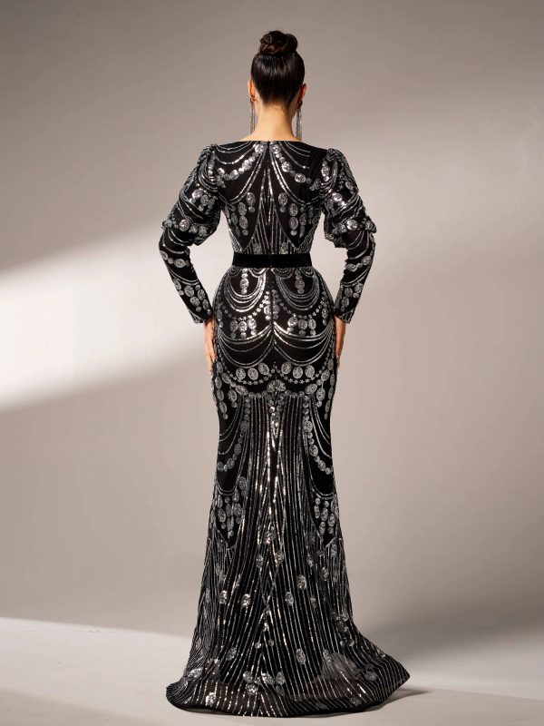 Elegant Long Sleeved Sequin Mermaid Birthday Party Maxi Dress - Image 6