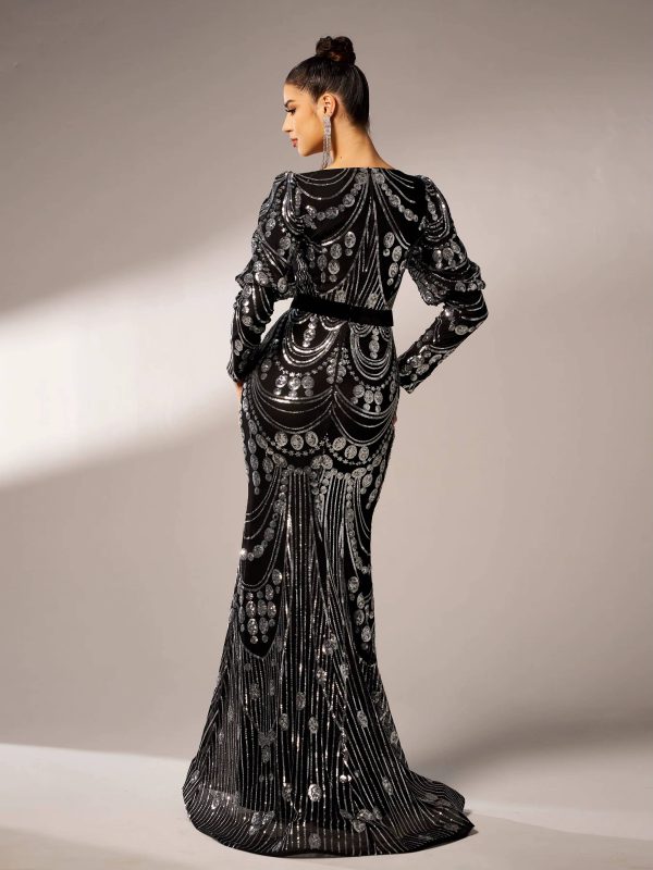 Elegant Long Sleeved Sequin Mermaid Birthday Party Maxi Dress - Image 5