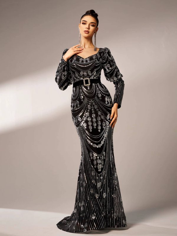 Elegant Long Sleeved Sequin Mermaid Birthday Party Maxi Dress