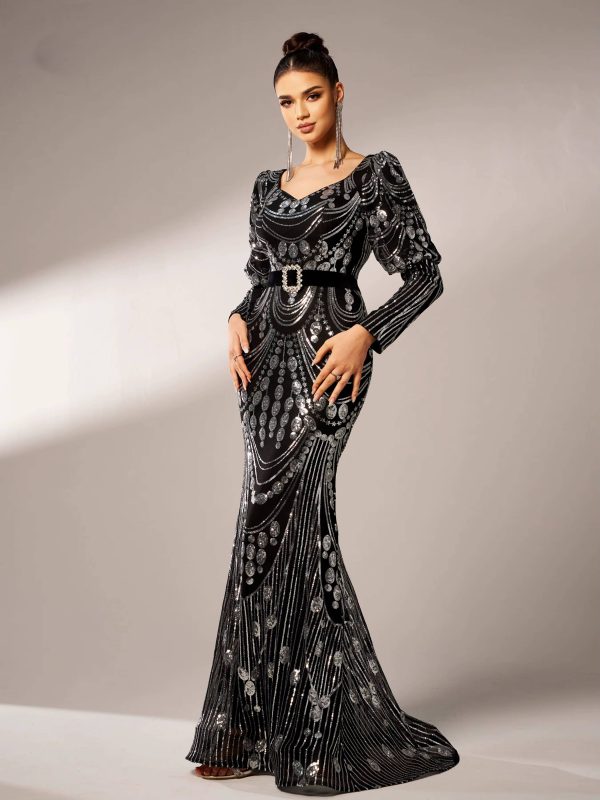 Elegant Long Sleeved Sequin Mermaid Birthday Party Maxi Dress - Image 3