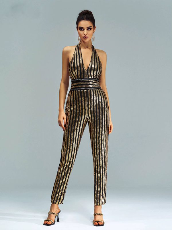 Elegant Luxury Striped Sequin Backless Birthday Party Jumpsuit