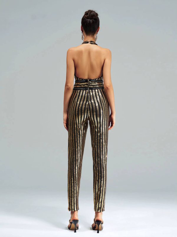 Elegant Luxury Striped Sequin Backless Birthday Party Jumpsuit - Image 6