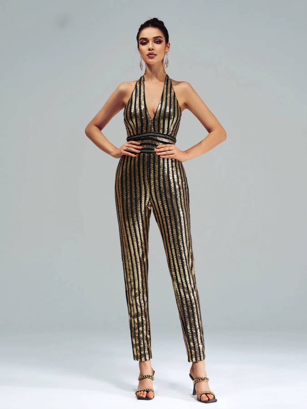 Elegant Luxury Striped Sequin Backless Birthday Party Jumpsuit - Image 4