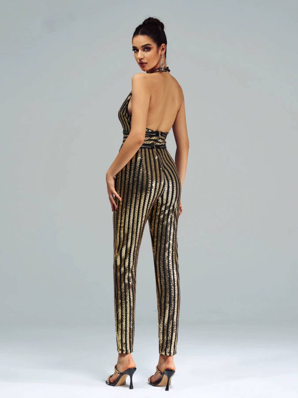 Elegant Luxury Striped Sequin Backless Birthday Party Jumpsuit - Image 5