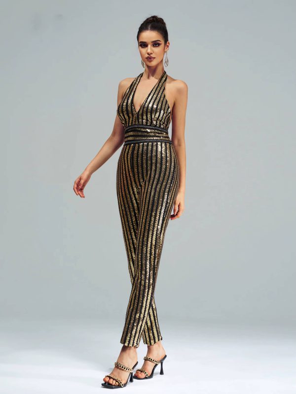 Elegant Luxury Striped Sequin Backless Birthday Party Jumpsuit - Image 2