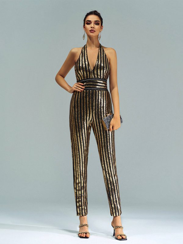 Elegant Luxury Striped Sequin Backless Birthday Party Jumpsuit - Image 3