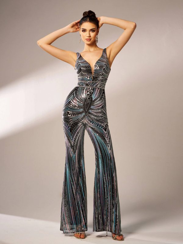 Elegant Luxury V-Neck Sequin Birthday Party Ankle-Length Jumpsuit - Image 2