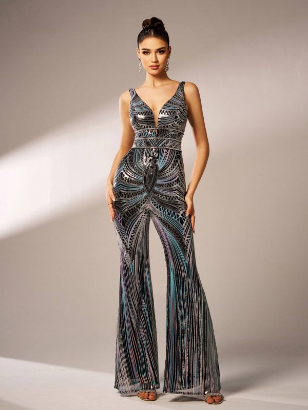 Elegant Luxury V-Neck Sequin Birthday Party Ankle-Length Jumpsuit