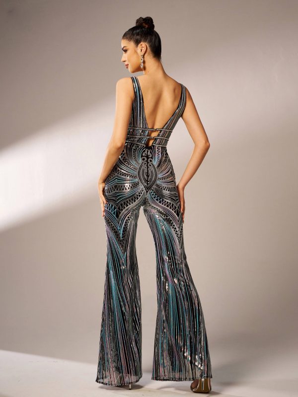 Elegant Luxury V-Neck Sequin Birthday Party Ankle-Length Jumpsuit - Image 5