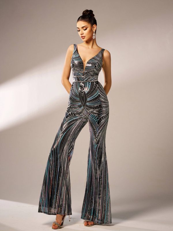 Elegant Luxury V-Neck Sequin Birthday Party Ankle-Length Jumpsuit - Image 3