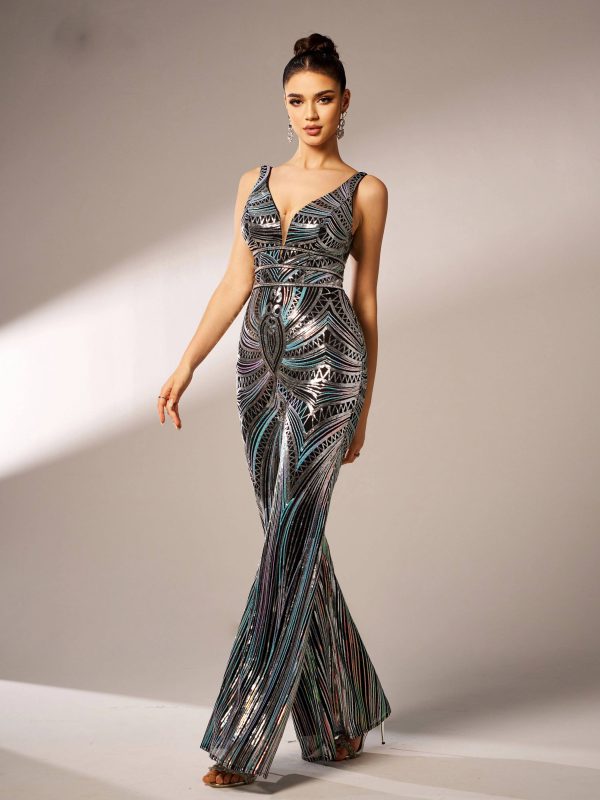 Elegant Luxury V-Neck Sequin Birthday Party Ankle-Length Jumpsuit - Image 4