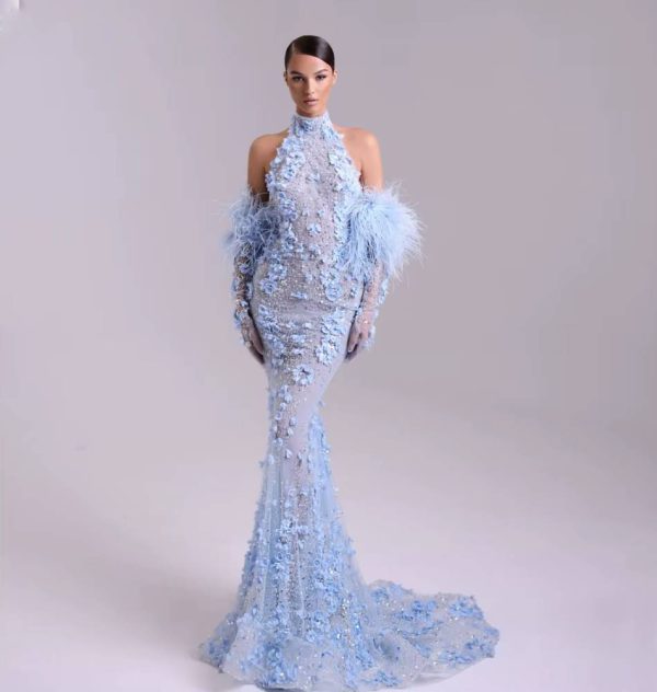 Elegant Mermaid Feathers 3D Flowers Halter Neck Floor-Length Maxi Dress - Image 4