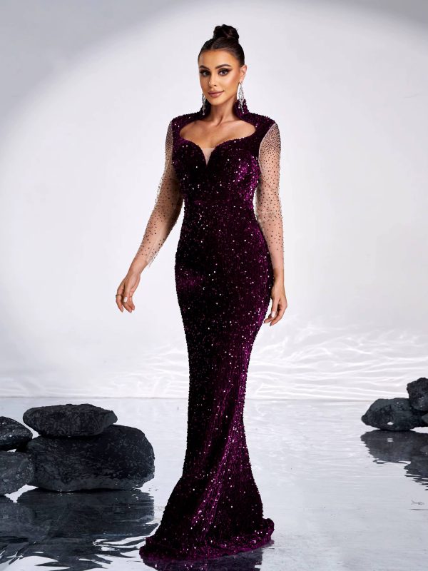 Elegant Mesh Sleeves Sequin Mermaid Birthday Party Maxi Dress - Image 3