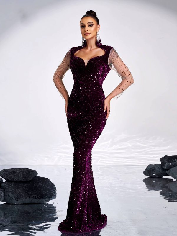 Elegant Mesh Sleeves Sequin Mermaid Birthday Party Maxi Dress - Image 2