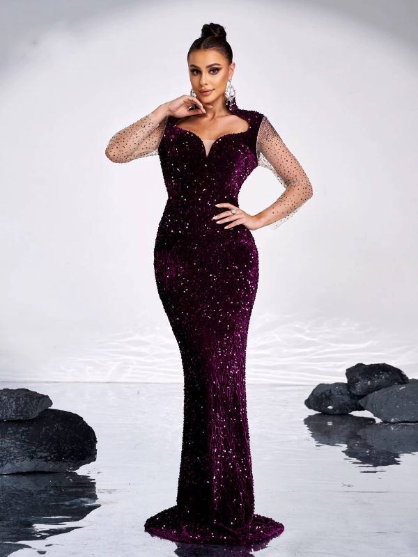 Elegant Mesh Sleeves Sequin Mermaid Birthday Party Maxi Dress