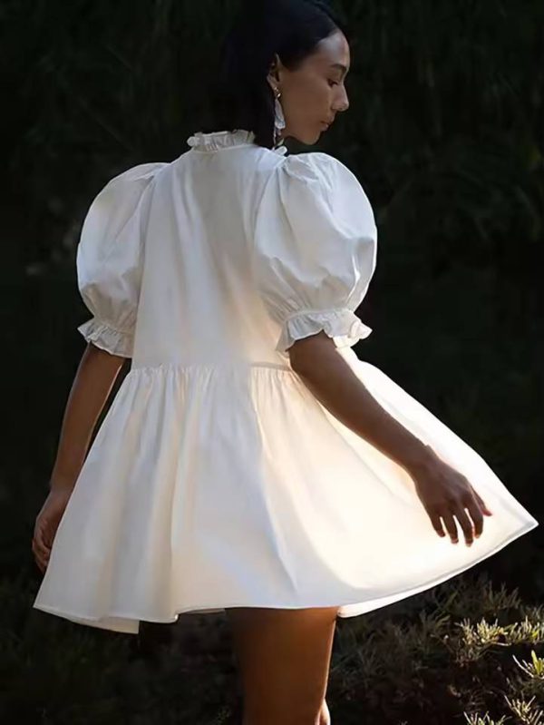 Elegant O-Neck Short Sleeve Button Pleated Loose Mini Dress - Image 4