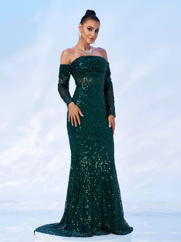 Elegant Off Shoulder Sequin Mermaid Birthday Party Maxi Dress - Image 2