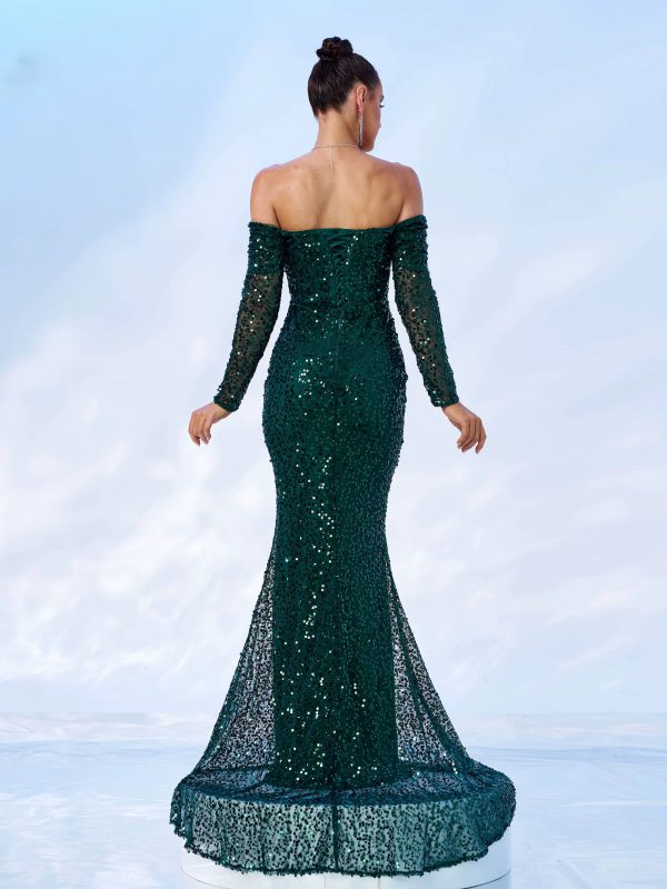 Elegant Off Shoulder Sequin Mermaid Birthday Party Maxi Dress - Image 6