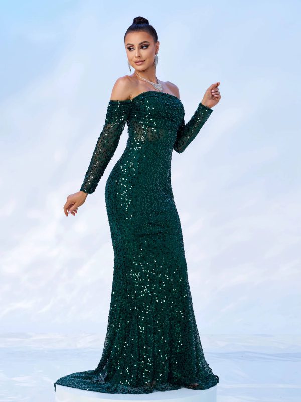 Elegant Off Shoulder Sequin Mermaid Birthday Party Maxi Dress - Image 3