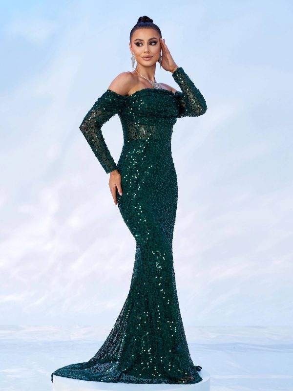 Elegant Off Shoulder Sequin Mermaid Birthday Party Maxi Dress - Image 4