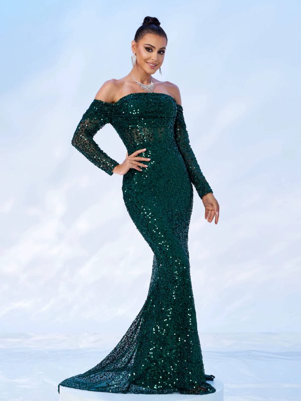 Elegant Off Shoulder Sequin Mermaid Birthday Party Maxi Dress