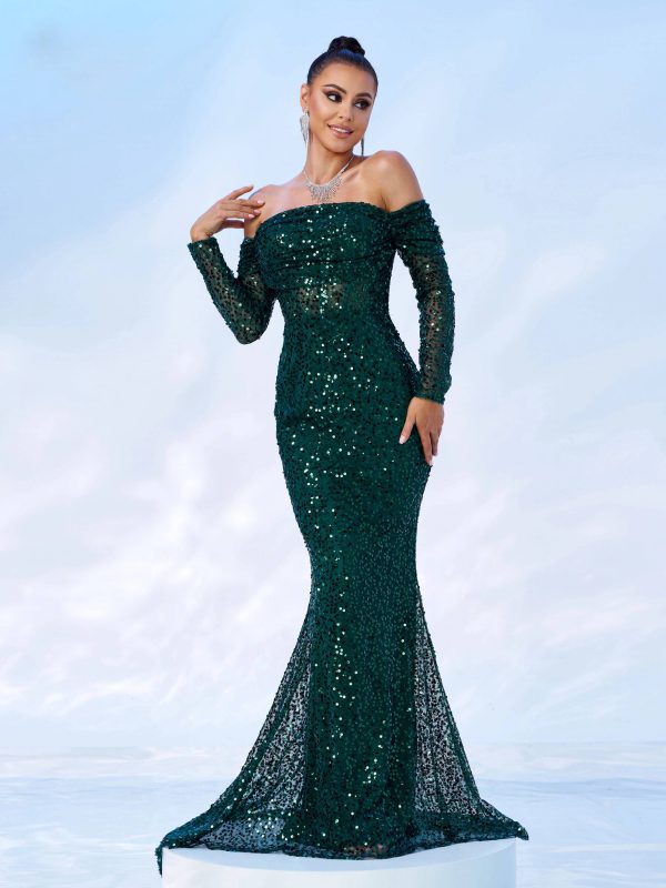 Elegant Off Shoulder Sequin Mermaid Birthday Party Maxi Dress - Image 5